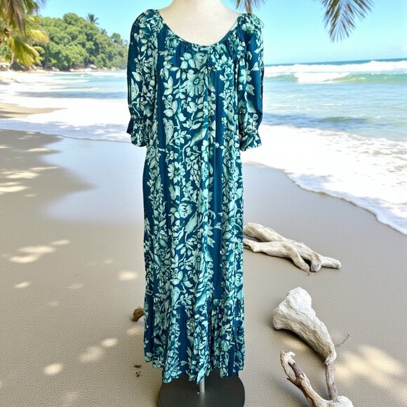 Hilo Hattie Vintage Hawaiian Teal Floral Muumuu Caftan Maxi Dress - Picture 1 of 9